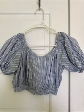 Striped Light Blue Puff-Sleeve Crop Top - Women